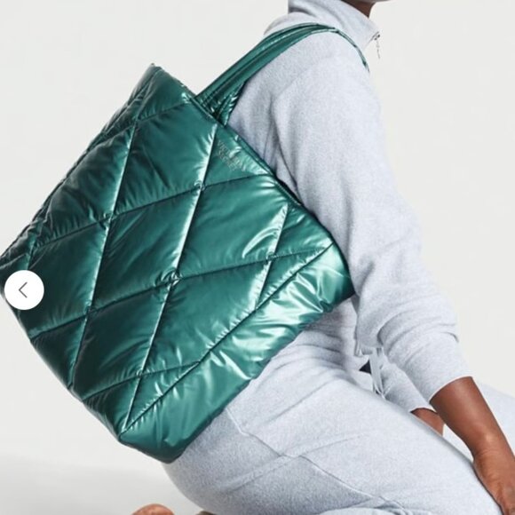 Victoria's Secret Puffer Tote Metallic Teal Green Bag - Picture 2 of 9